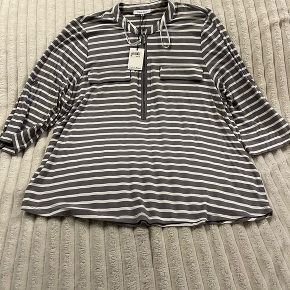 Calvin Klein Grey and White Striped Shirt Women’s Size XL New with Tags - Picture 1 of 6